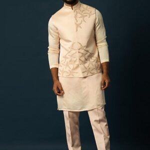 Blush Pink Embroidered Linen Nehru Jacket Set For Men