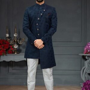 Navy Blue Embroidered Jacquard Indo Western Sherwani Set For Men