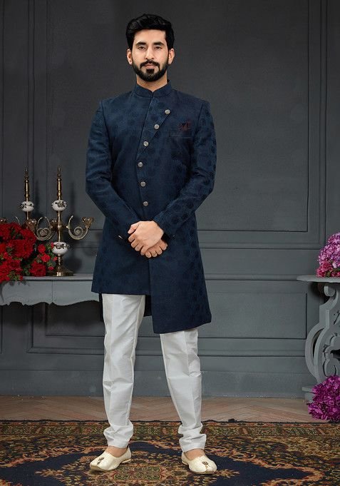 Navy Blue Embroidered Jacquard Indo Western Sherwani Set For Men
