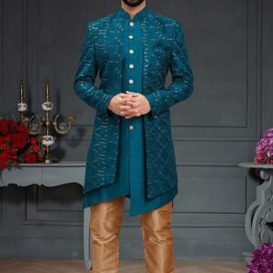 Peacock Blue Embroidered Indo Western Jacket And Kurta Set For Men