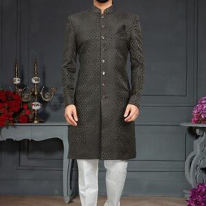 Mehendi Green Embroidered Jacquard Indo Western Sherwani Set For Men