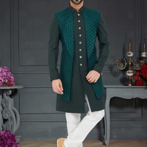 Dark Green Embroidered Indo Western Jacket And Kurta Set For Men