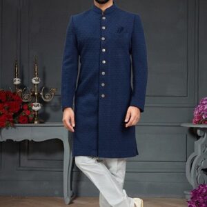 Blue Embroidered Jacquard Indo Western Sherwani Set For Men