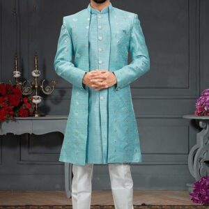 Dusty Aqua Blue Embroidered Indo Western Jacket And Kurta Set For Men