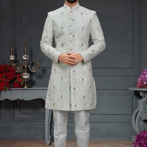 White Embroidered Jacquard Indo Western Sherwani Set For Men