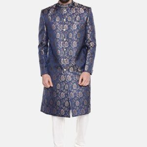 Blue Brocade Sherwani Set For Men