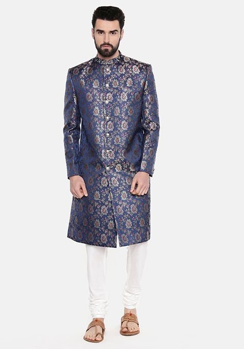 Blue Brocade Sherwani Set For Men