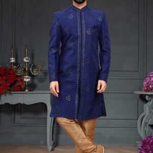 Blue Embroidered Indo Western Sherwani Set For Men