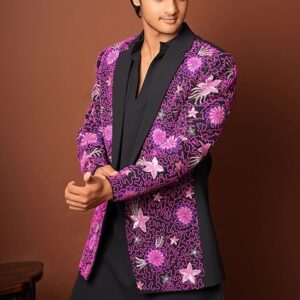 Blue Hand Embroidered Jacket Kurta Set For Men