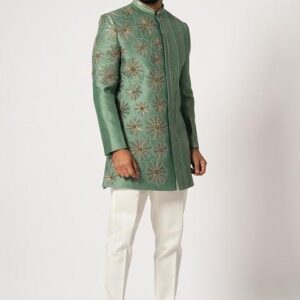 Green Embroidered Bam Silk Achkan Set For Men