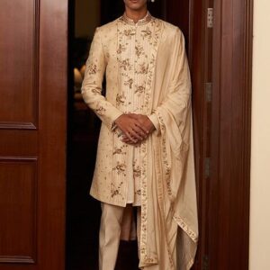 Cream Embroidered Petal Sherwani Set For Men