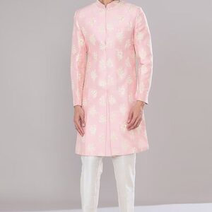 Pink Embroidered Terry Silk Achkan Set For Men