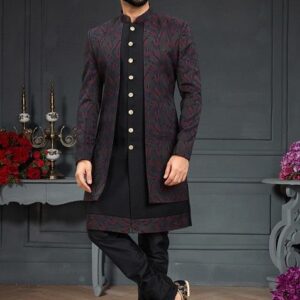 Embroidered Silk Indo Western Jacket And Kurta Set For Men