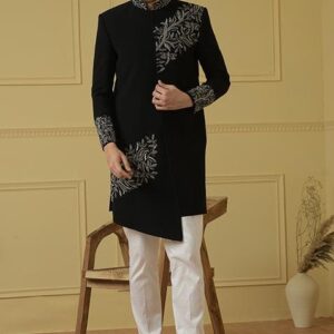 Black Milano Embroidered Sherwani Set For Men