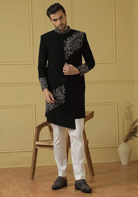 Black Milano Embroidered Sherwani Set For Men