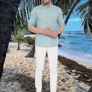 Green Solid Cotton Kurta For Men