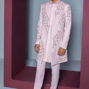 Pale Pink Embroidered Mehroom Sherwani Set For Men