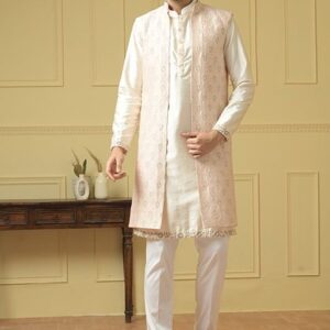 Light Pink Long Nehru Jacket Set For Men
