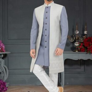 Grey Embroidered Weaving Indo Western Jacket And Kurta Set For Men