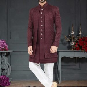 Maroon Embroidered Indo Western Jacket And Kurta Set For Men
