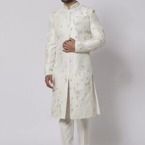 Ivory Pearl Embroidered Raw Silk Sherwani Set For Men