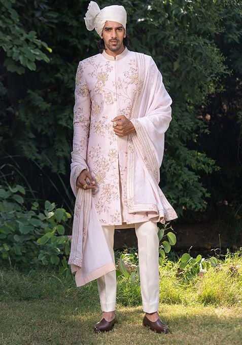 Dull Pink Adda Work Sherwani Set For Men
