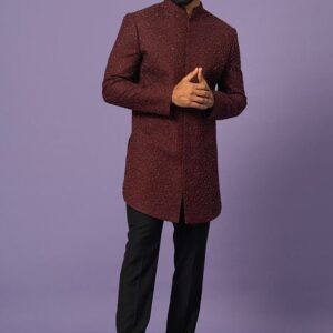Wine Thread Embroidered Suiting Fabric Achkan Set For Men