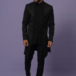 Black Embroidered Suiting Achkan Set For Men