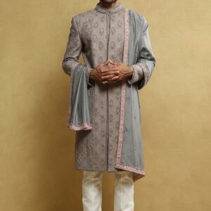Grey Moti Work Handloom Silk Sherwani Set For Men