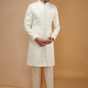 Off White Zari Embroidered Sherwani Set For Men