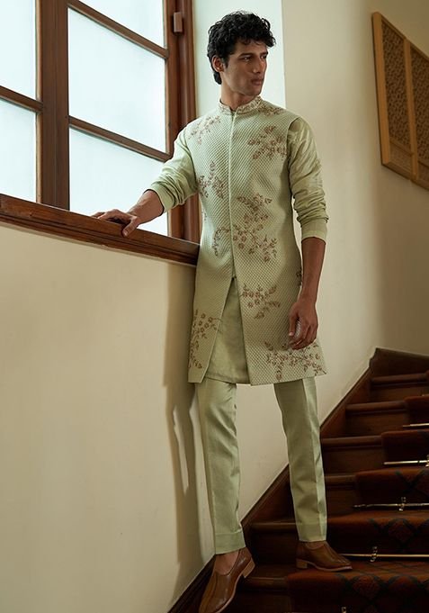 Mint Green Embellished Sherwani Set For Men