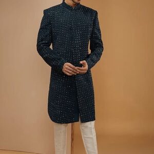 Teal Blue Cutdana Embroidered Sherwani Set For Men