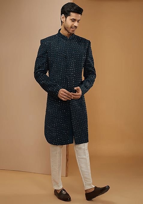 Teal Blue Cutdana Embroidered Sherwani Set For Men