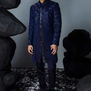 Blue Embroidered Open Sherwani Set For Men