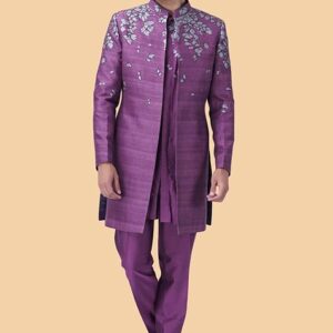 Lilac Floral Print Hand Embroidered Sherwani Set For Men