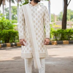 Elysian Silver Zardozi Embroidered Sherwani Set For Men