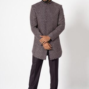 Wine Embroidered Suiting Fabric Achkan Set For Men