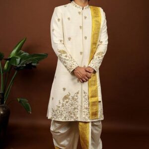 Off White Elephant Embroidered Sherwani Set For Men
