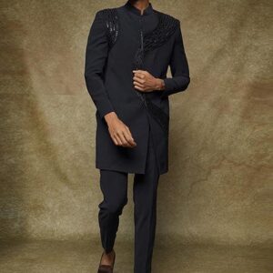 Blue Hand Embroidered Polyester Blend Sherwani Set For Men