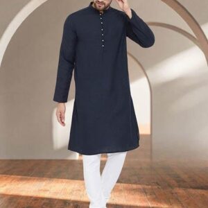 Blue Solid Cotton Kurta For Men