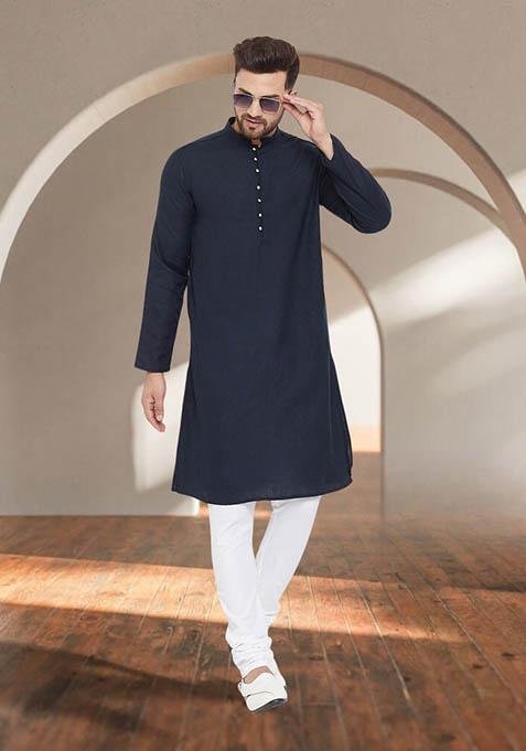 Blue Solid Cotton Kurta For Men