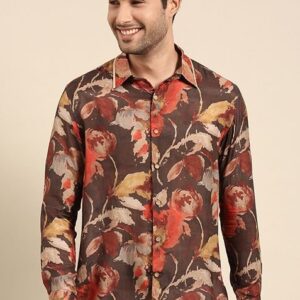 Red And Charcoal Printed Muslin Shirt For Men
