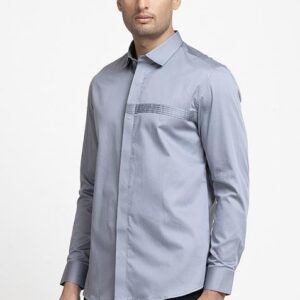 Grey Pintuck Embroidered Giza Cotton Shirt For Men