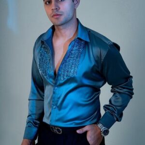 Bluish Grey Vintage Satin Shirt For Men