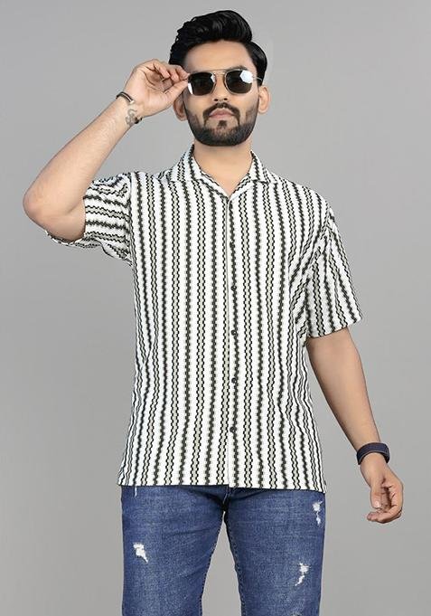 White And Olive Embroidered Pure Knit Circular Shirt For Men