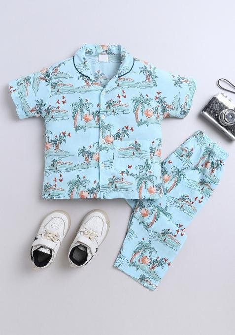 Blue Printed Cotton Shirt Pant Set For Boys