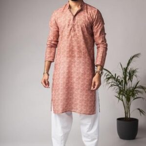Light Brown Printed Linen Kurta For Men