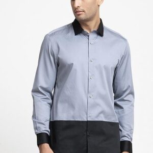 Grey Patch Work Giza Cotton Blend Shirt For Men