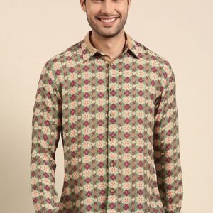 Beige And Green Printed Muslin Shirt For Men