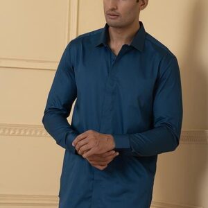 Teal Blue Plain Giza Cotton Shirt For Men